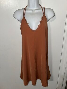 audrey Rust Double-Strap Lace-Trim Slip Dress